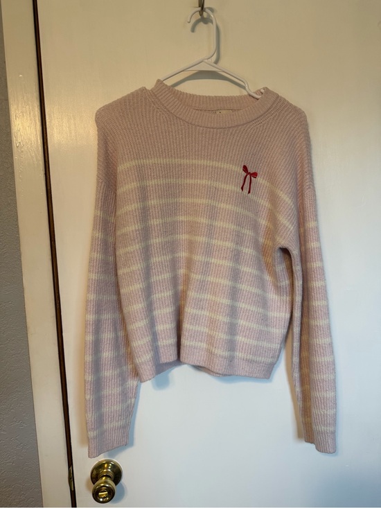 a new day Sweaters - a new day Soft Pink & Cream Striped Crewneck Sweater with Red Bow